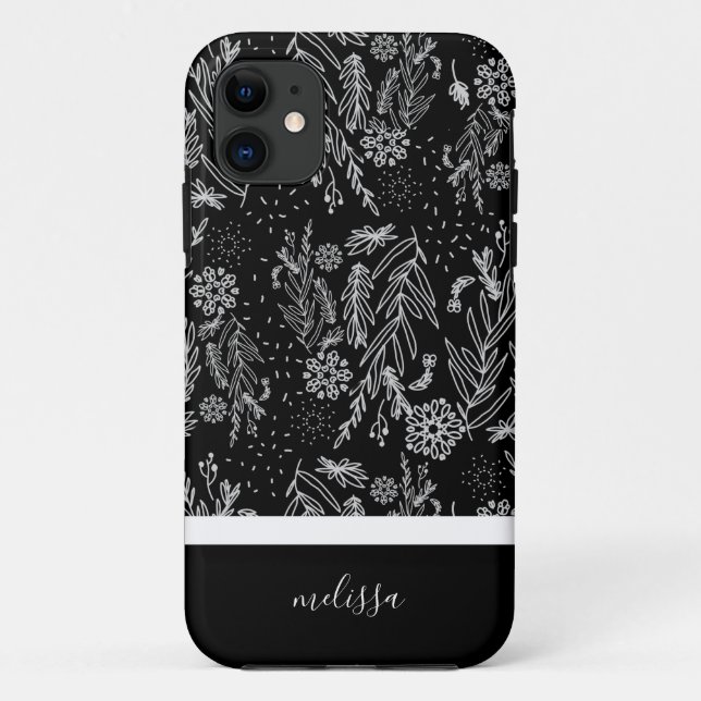 Black White Botanical Doodle Pattern Signature Case-Mate iPhone Case (Back)