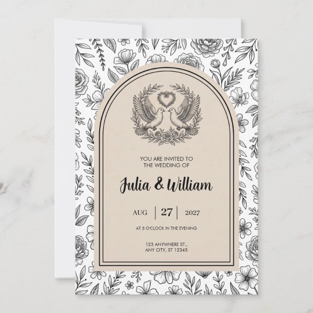 Black & White Botanical Dove Wedding Invitation (Front)
