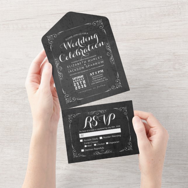 Black & White Botanical Floral Frame Wedding RSVP  All In One Invitation (Tearaway)
