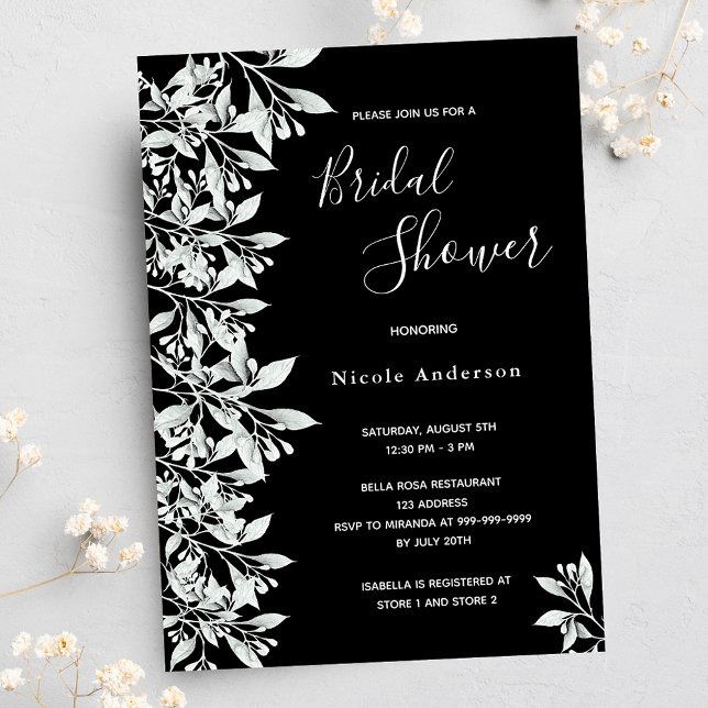 Black white botanical foliage script Bridal Shower Invitation (Creator Uploaded)
