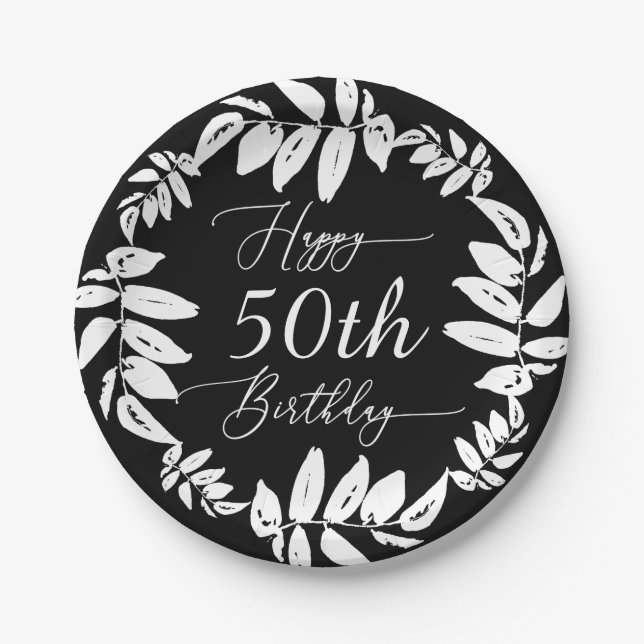 Black & White Botanical Happy 50th Birthday Party Paper Plate (Front)