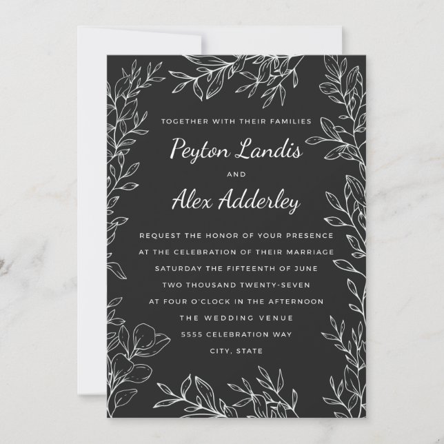 Black White Botanical Line Art Wedding Invitation (Front)