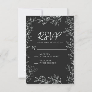 Black White Botanical Line Art Wedding RSVP Card