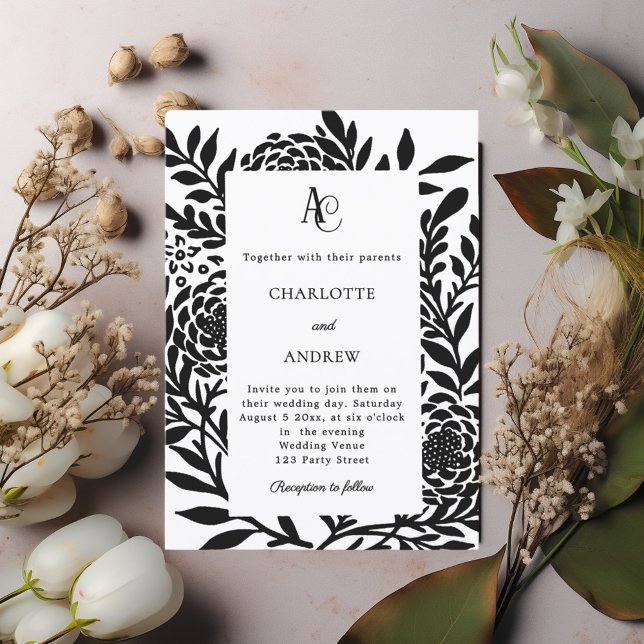 Black white botanical modern monogram wedding invitation (Creator Uploaded)
