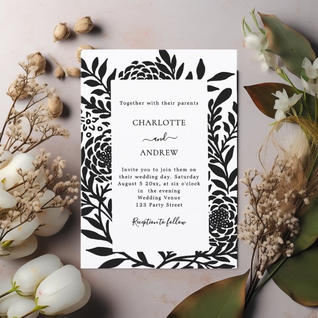 Black white botanical modern wedding invitation (Creator Uploaded)