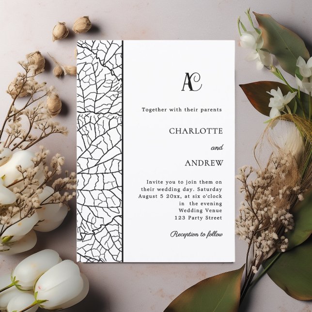 Black white botanical monogram wedding invitation (Creator Uploaded)