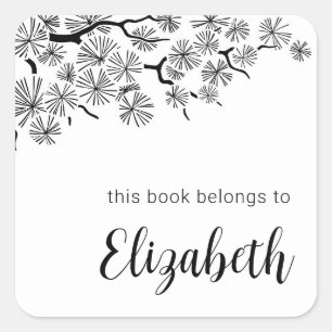 Black White Botanical Pine Branch Bookplate Square Sticker