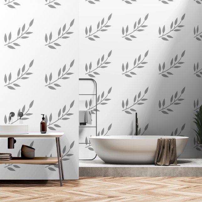 Black White Botanical Prints Grey Leaf Patterns Wallpaper (Bathroom)
