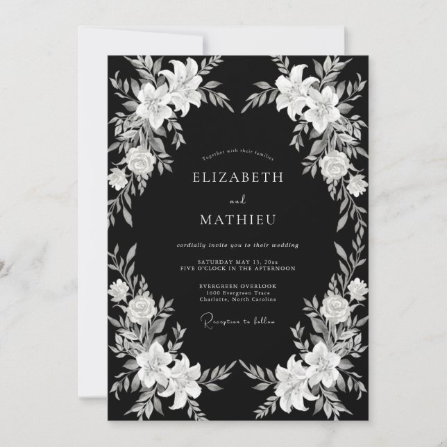 Black White Botanical Romance Wedding Invitation (Front)