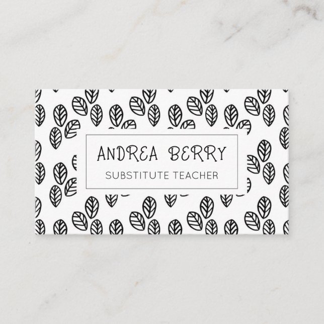 Black White Botanical Substitute Teacher Business Card (Front)