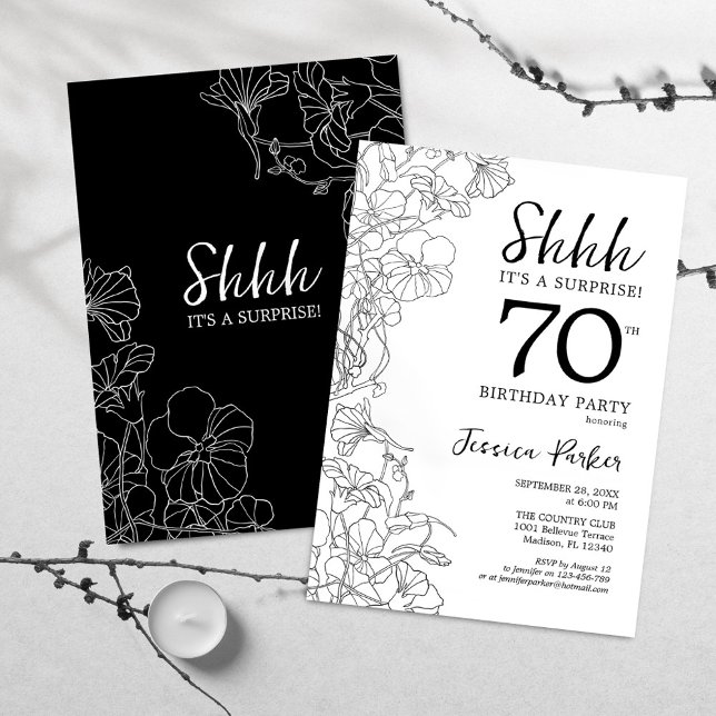 Black White Botanical Surprise 70th Birthday Invitation (Creator Uploaded)