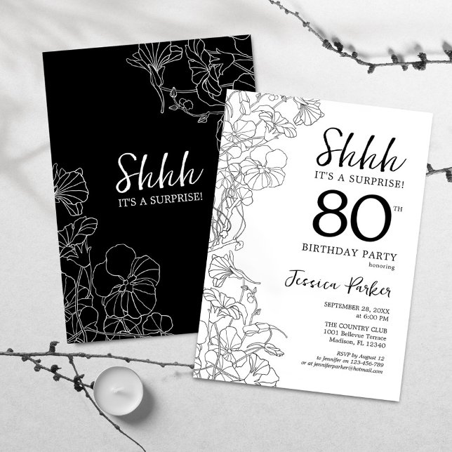 Black White Botanical Surprise 80th Birthday Invitation (Creator Uploaded)