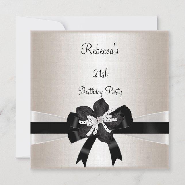 Black White Bow 21st Birthday Silver Sepia Invitation (Front)