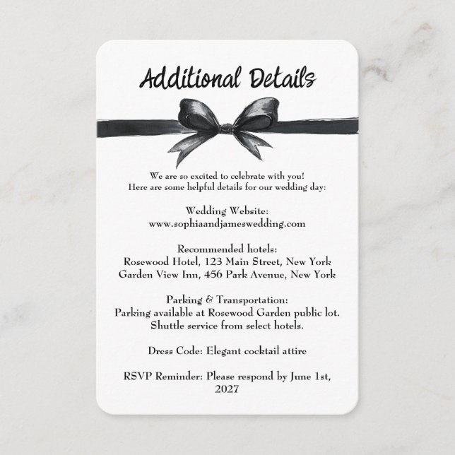 Black & White Bow | Elegant Wedding | Monochrome Enclosure Card (Front)