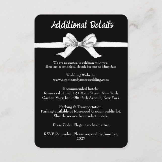 Black & White Bow | Elegant Wedding | Monochrome Enclosure Card (Front)