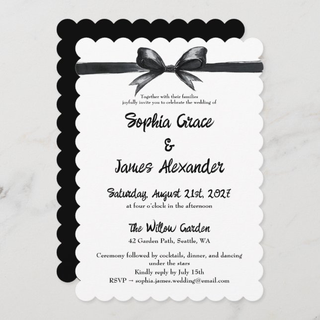 Black & White Bow | Elegant Wedding | Monochrome Invitation (Front/Back)