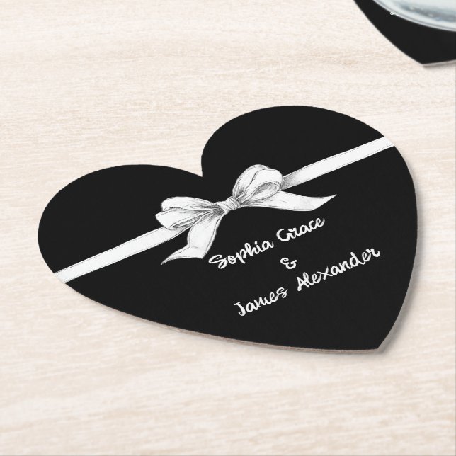 Black & White Bow | Elegant Wedding | Monochrome Paper Coaster (Angled)