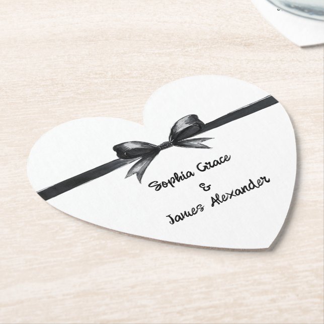 Black & White Bow | Elegant Wedding | Monochrome Paper Coaster (Angled)