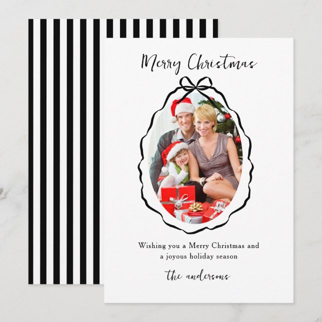 Black & White Bow Frame Photo Christmas   Holiday Card (Front/Back)