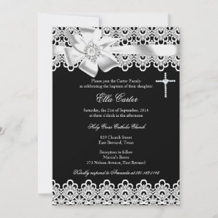 Black White Bow & Lace Cross Baptism Invitation
