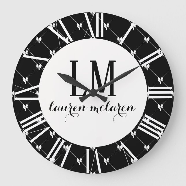 Black & White Bow Monogram Large Clock (Front)