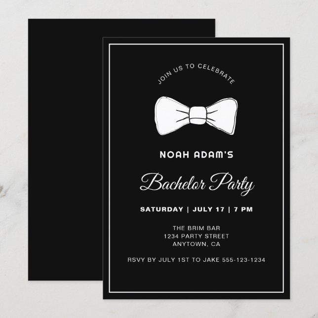 Black & White Bow Tie Modern Bachelor Party Invita Invitation (Front/Back)