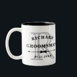 Black White Bow Tie Monogram Groomsman Wedding Two-Tone Coffee Mug<br><div class="desc">Coffee mug for your groomsmen where you can personalise the mug with your groomsman's name and the date in black atop their initial in grey with a bow tie divider.</div>