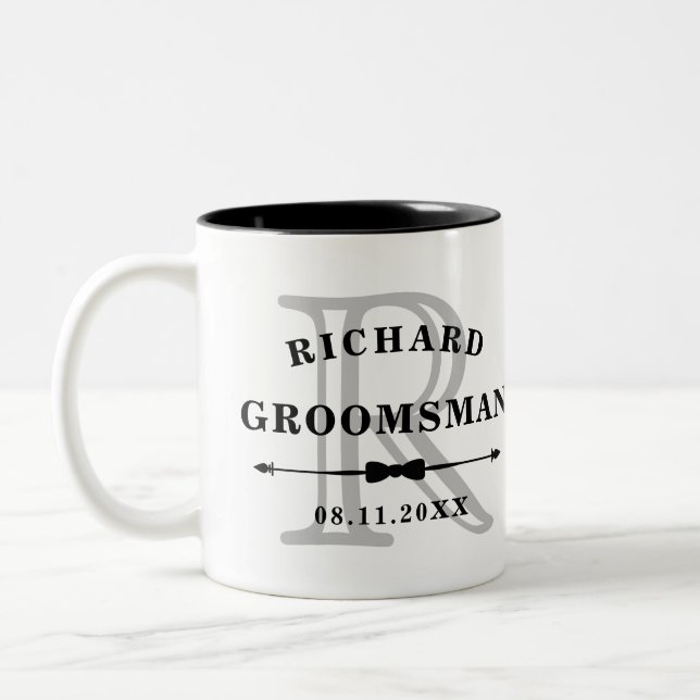 Black White Bow Tie Monogram Groomsman Wedding Two-Tone Coffee Mug (Left)