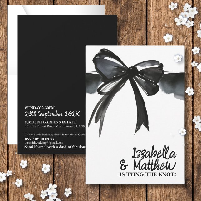 Black White Bow Tying The Knot Ribbon Chic Wedding Invitation (Black White Bow Tying The Knot Ribbon Chic Wedding Invitation watercolor script modern elegant bold)