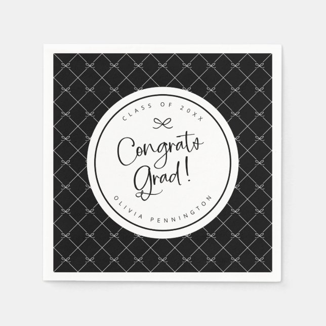 Black White Bows Congrats Grad Graduation Party Napkin (Front)