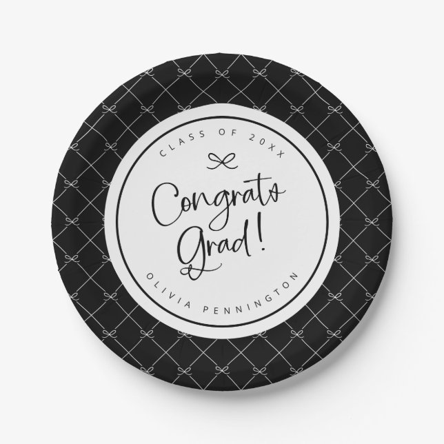 Black White Bows Congrats Grad Graduation Party Paper Plate (Front)