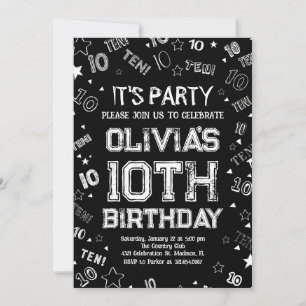 Black White Boy Number Ten Birthday Party Invitation