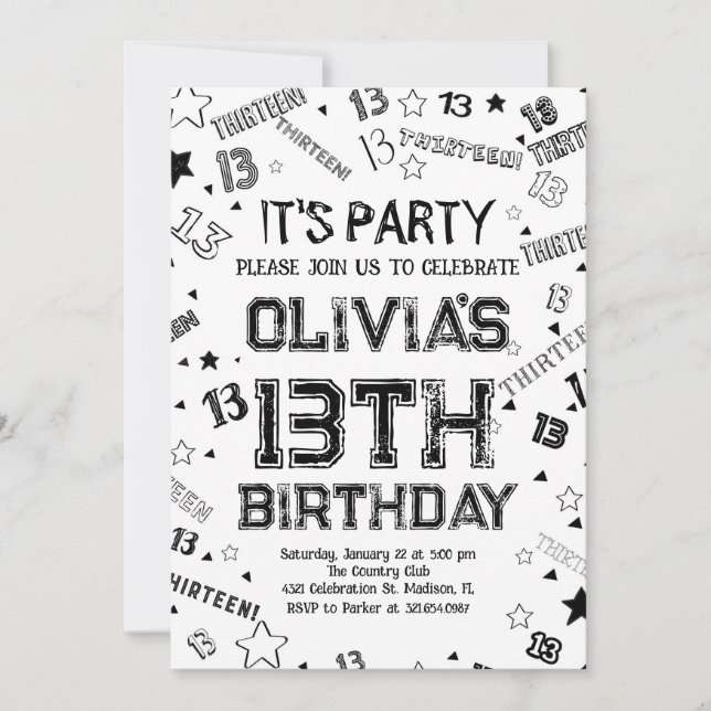 Black White Boy Number Thirteen Birthday Party Invitation (Front)