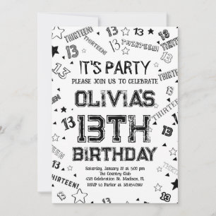 Black White Boy Number Thirteen Birthday Party Invitation