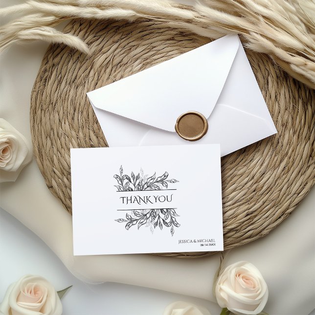 Black & White Branch & Leaves w Monogram  Thank You Card (Creator Uploaded)