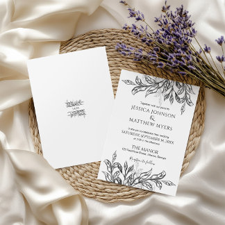Black & White Branch & Leaves w Monogram Wedding Invitation