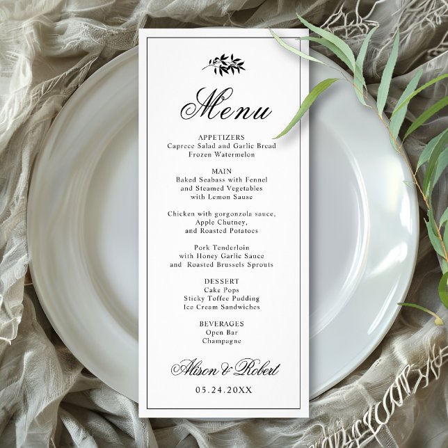 Black white branch Old Money wedding menu card (Creator Uploaded)