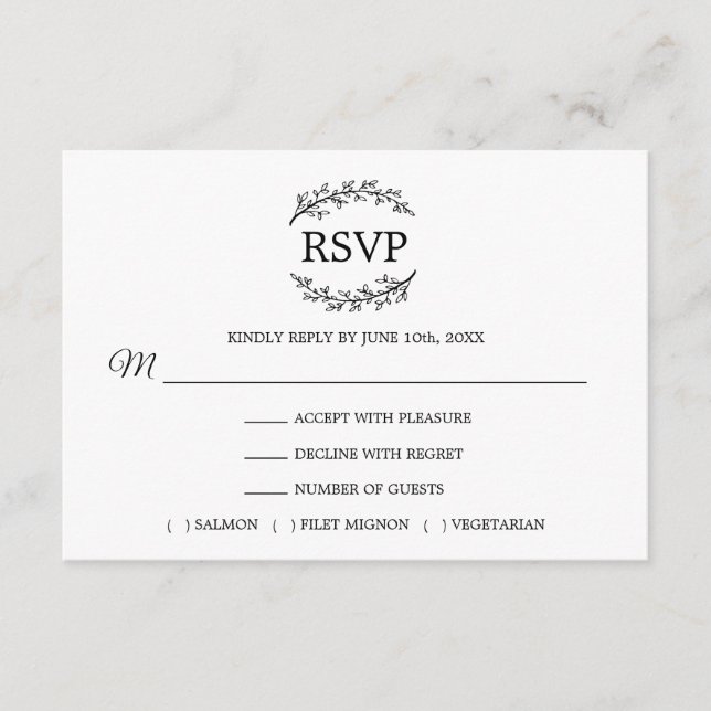Black White Branches Monogram MENU RSVP (Front)