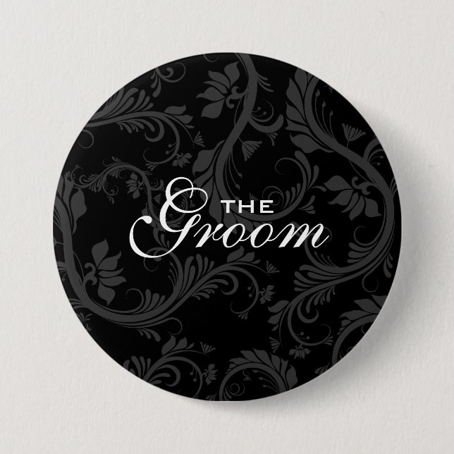 Black white "Bridal party" floral 7.5 Cm Round Badge (Front)