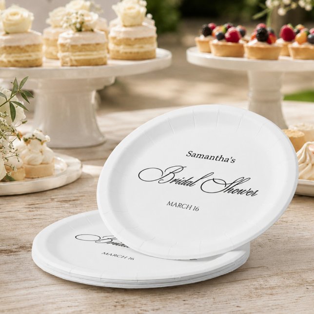 Black White Bridal Shower Elegant Script Paper Plate (Black White Bridal Shower Elegant Script Paper Plates)