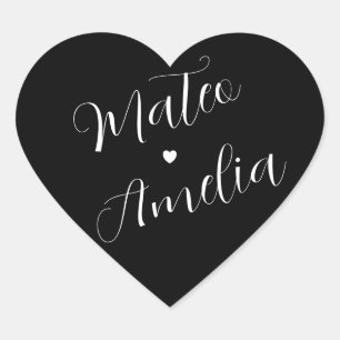Black White Bride and Groom Names on Wedding Heart Sticker