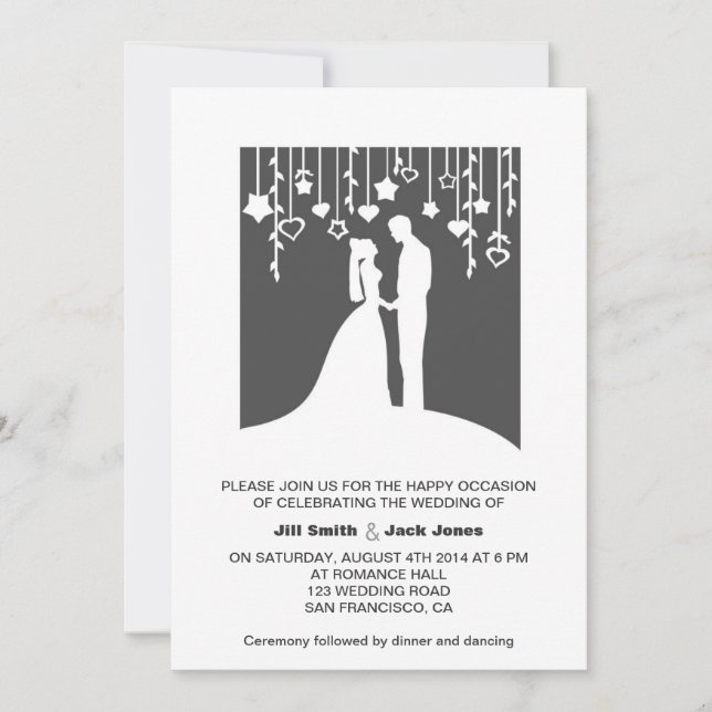 Black & white bride and groom paper-cut-look invitation (Front)