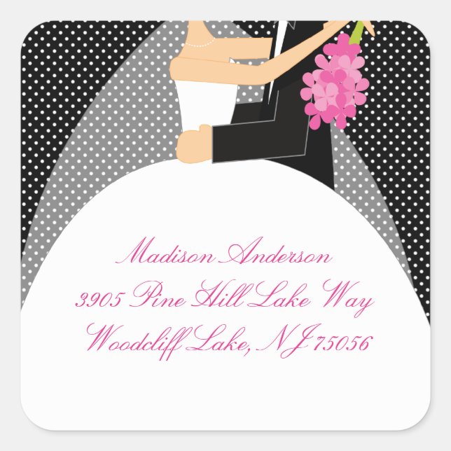 Black & White Bride & Groom Address Square Sticker (Front)