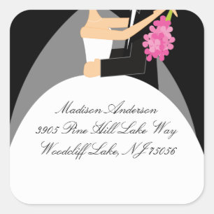 Black & White Bride & Groom Address Square Sticker