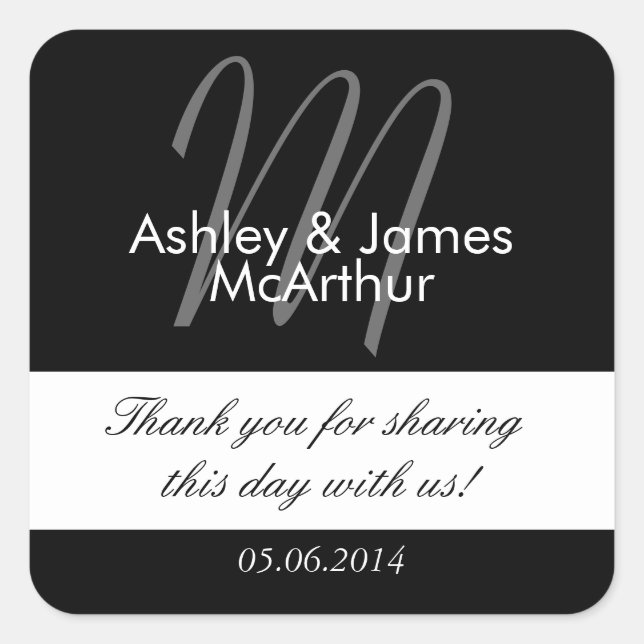 Black White Bride Groom Thank You Wedding Favour Square Sticker (Front)