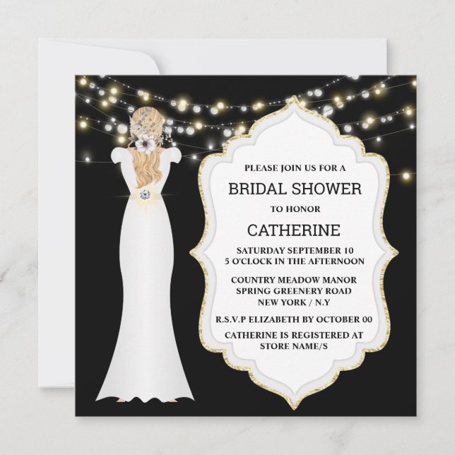 Black white bride wedding dress string lights chic invitation (Front)