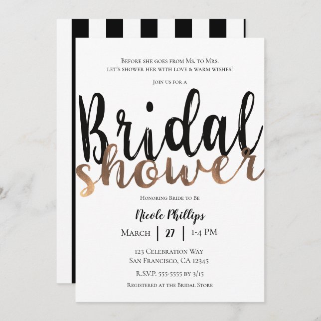 Black White Bronze Modern Glam Bridal Shower Invitation (Front/Back)