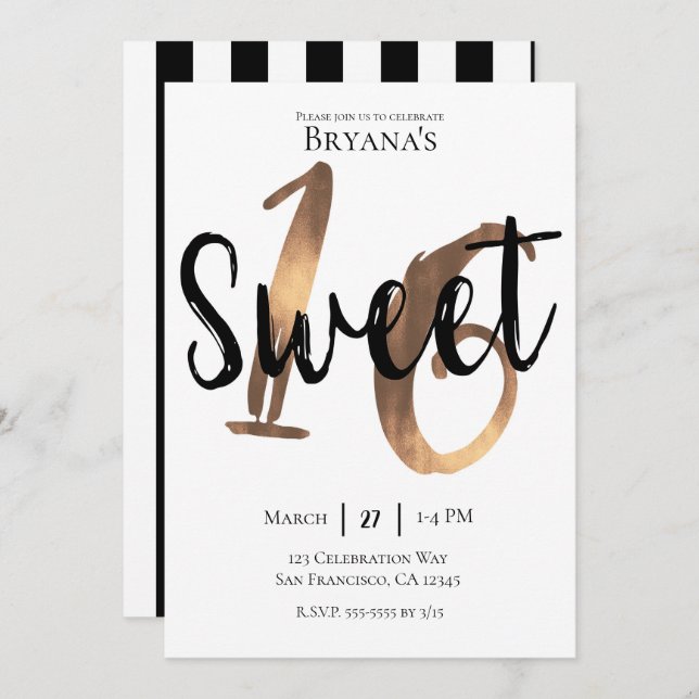 Black White Bronze Modern Sweet 16 Birthday Party Invitation (Front/Back)