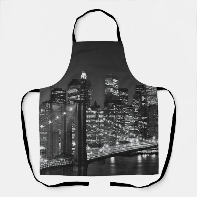 Black White Brooklyn Bridge New York Night Apron (Front)