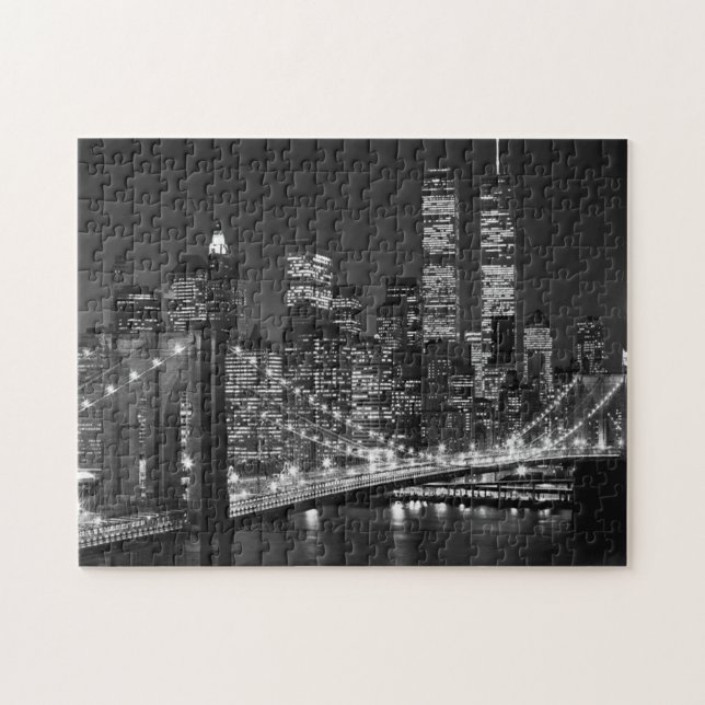 Black White Brooklyn Bridge New York Night Jigsaw Puzzle (Horizontal)